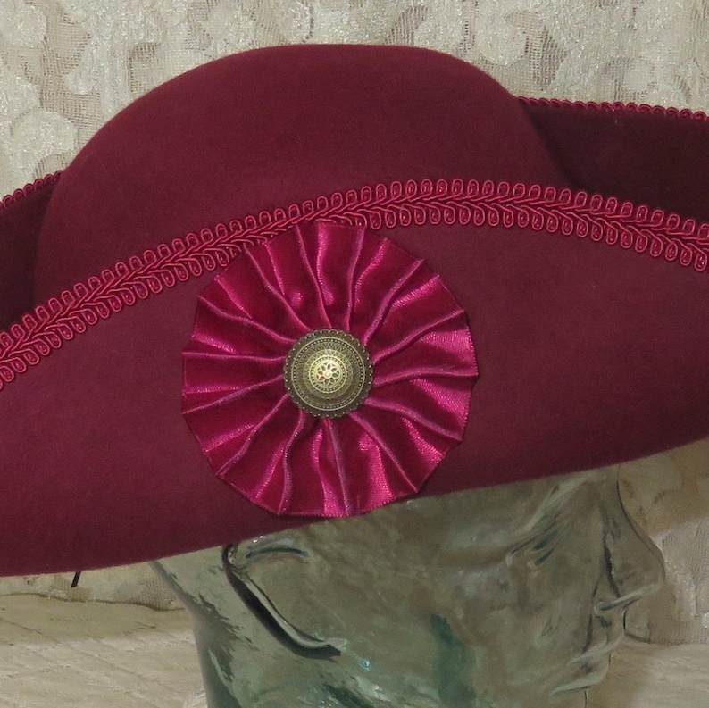 Burgundy Pirate Hat Classic Tricorn with Burgundy Trim, and Optional Cockade and/or Feathers 100% Wool Tricorn image 10