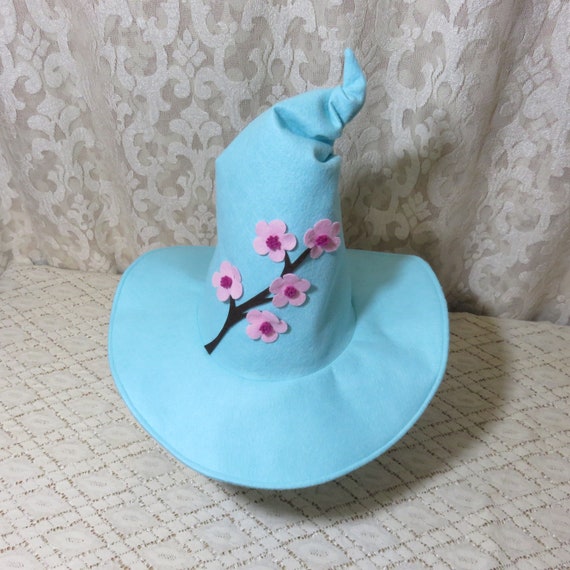 Cherry Blossom Witch Hat- Aqua Blue Felt Witch Hat With  display picture 2