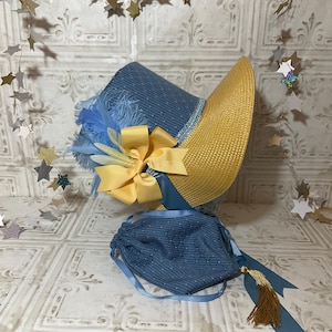 Blue and Gold Stovepipe Bonnet and Reticule- Regency, Georgian, Jane Austen Era Bonnet and Purse