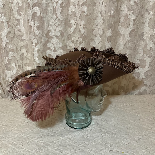 Brown Pirate Hat- Fancy Chocolate Brown Wool Tricorn with Brown Trim, Ostrich, Rooster and Pheasant Feathers- 100% Wool Tricorn