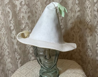 White Flower Fairy Witch Hat- White and Ivory Wool Felt Hat with Curled Petal Brim and Leafy Tassel