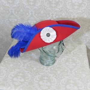 Red Pirate Hat- Classic Tricorn with Blue Trim, and Optional Blue Feathers and/or White or Blue Ribbon Cockade- 100% Wool Tricorn