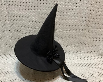 Elegant Witch Hat- Black Wool Felt Hat with Trailing Satin Bow