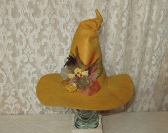 Autumn Witch Hat- Mustard Yellow Wool Felt Hat with Bow or Leaves, Moss, Pinecones, and Feathers