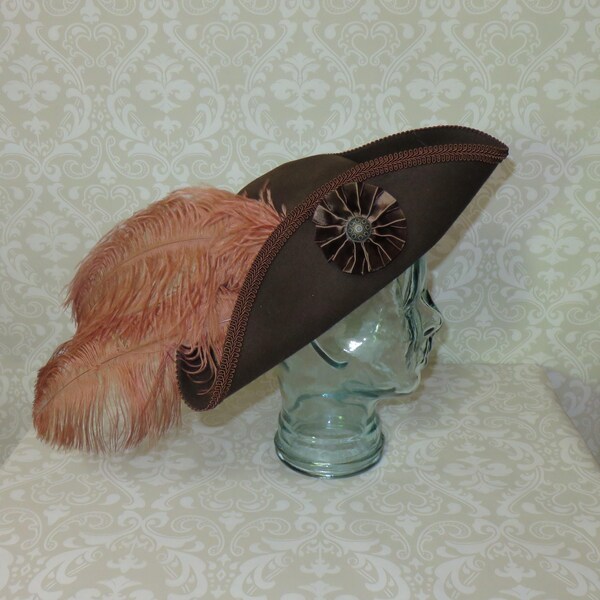 Brown Felt Pirate Hat- Classic Tricorn with Brown Cockade and Feathers- 100% Wool Tricorn