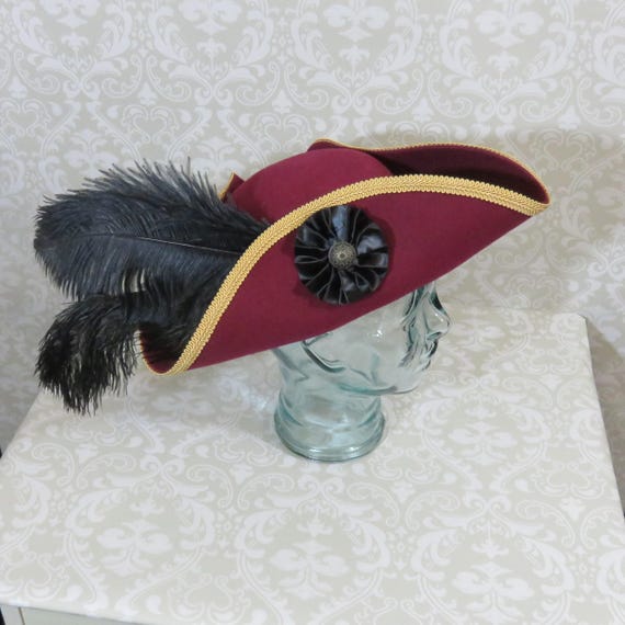 Burgundy Pirate Hat- Classic Tricorn Hat With Gold Trim, and  display picture 1