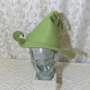 Green Flower Fairy Witch Hat- Spring Green Wool Felt Hat with Curled Brim and Leafy Tassel