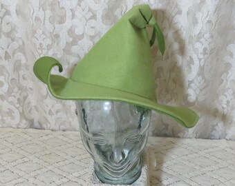 Green Flower Fairy Witch Hat- Spring Green Wool Felt Hat with Curled Brim and Leafy Tassel