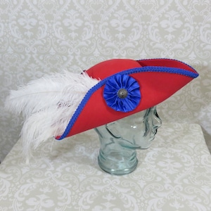 Red Pirate Hat- Classic Tricorn with Blue Trim and Optional White Feathers and/or White or Blue Ribbon Cockade- 100% Wool Tricorn