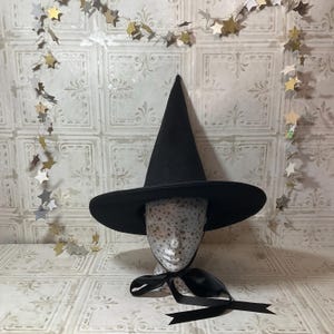 Practical Witch Hat- Black Wool Felt Hat with Satin Ribbon Ties-Straight Top