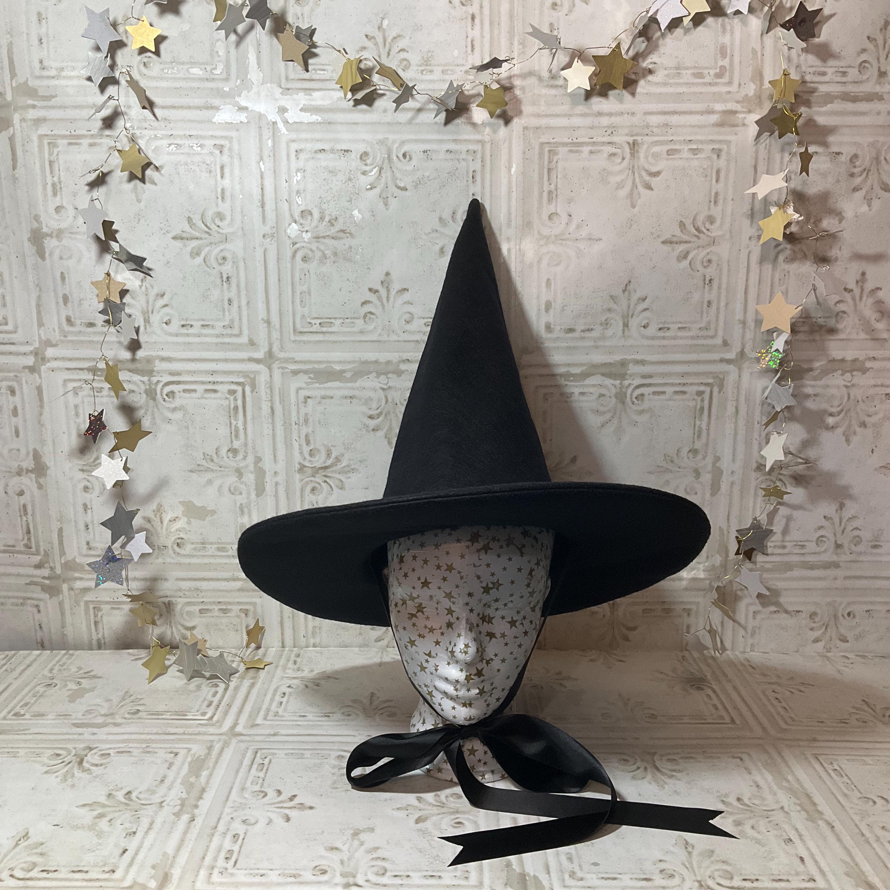 Practical Witch Hat- Black Wool Felt Hat with Satin Ribbon Ties-Straight Top