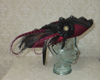 Burgundy and Black Pirate Hat- Fancy Burgundy Wool Tricorn with Black Trim, Rooster and Peacock Feathers- 100% Wool Tricorn