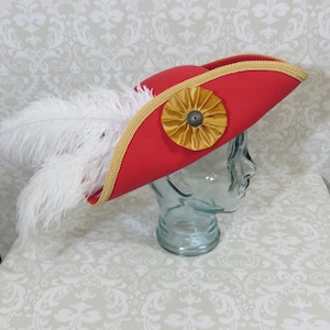 Red Pirate Hat with Gold Trim, and Optional White Feathers, and/or a Gold, Black, or White Cockade- 100% Wool Tricorn