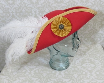 Red Pirate Hat with Gold Trim, and Optional White Feathers, and/or a Gold, Black, or White Cockade- 100% Wool Tricorn