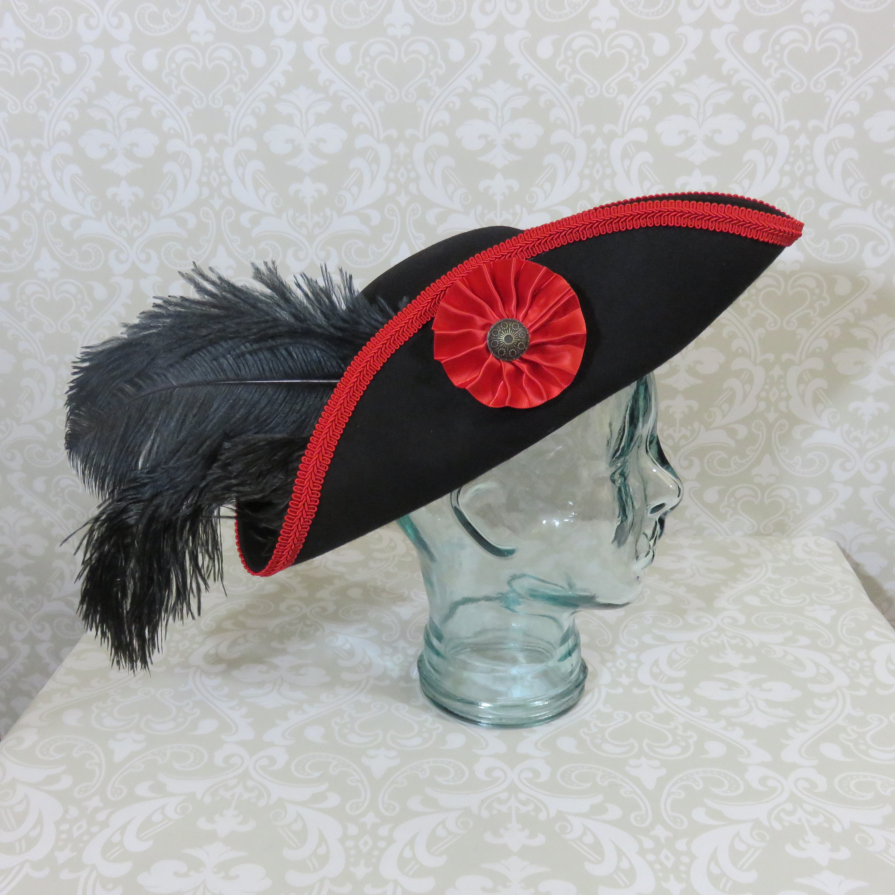 Black Pirate Hat - Classic Tricorn with Red Trim, and Optional Black Feathers, and/or Red or Gold Cockade- 100% Wool Tricorn