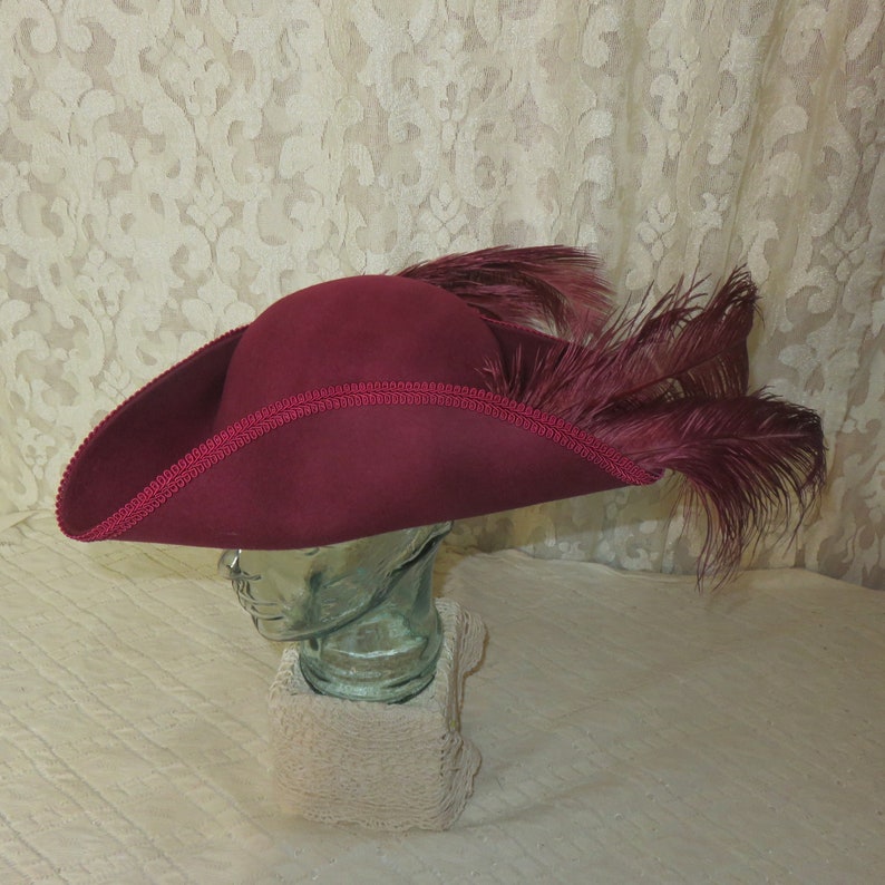 Burgundy Pirate Hat Classic Tricorn with Burgundy Trim, and Optional Cockade and/or Feathers 100% Wool Tricorn image 4