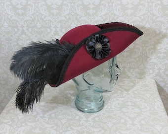 Burgundy Pirate Hat- Classic Tricorn with Black Trim, and Optional Cockade and/or Feathers- 100% Wool Tricorn
