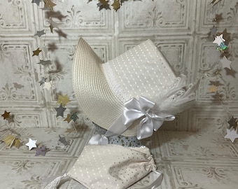 White and Ivory Stovepipe Bonnet and Reticule- Regency, Georgian, Jane Austen Era Bonnet and Purse