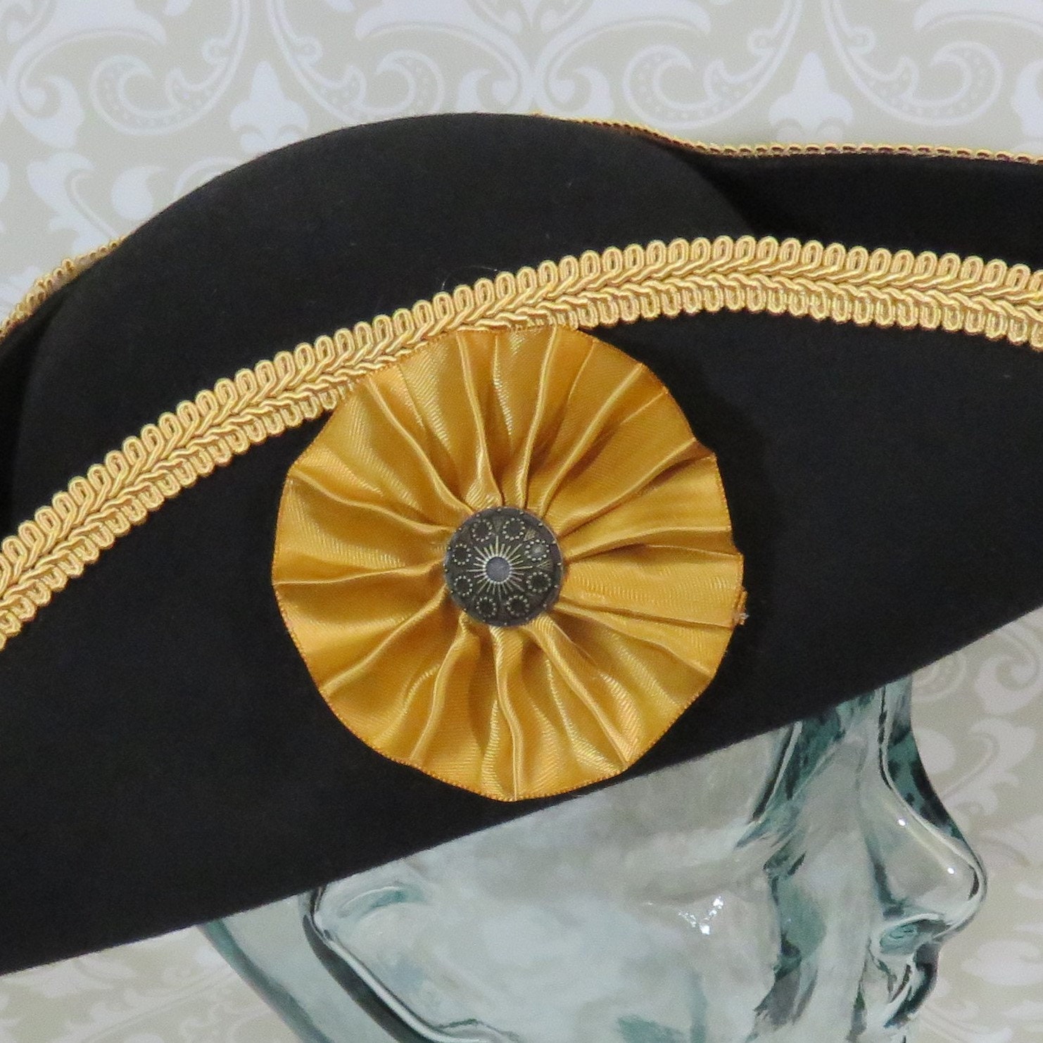 Black Pirate Hat- Classic Tricorn With Gold Trim and  display picture 1