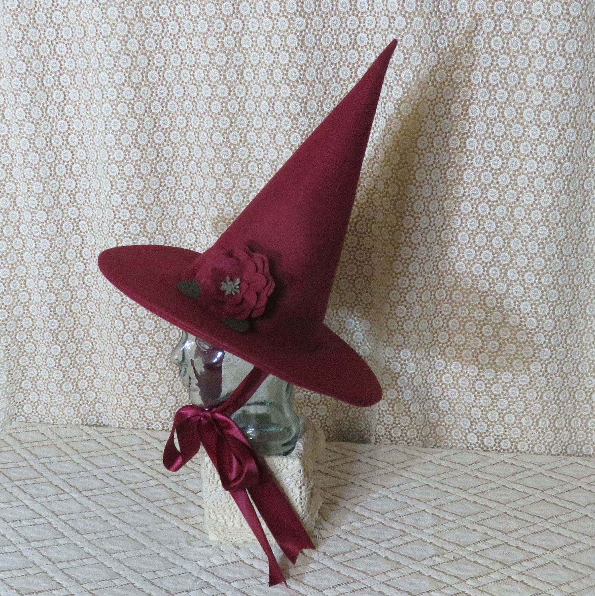 Rose Red Witch Hat- Scarlet Wool Felt Hat With Satin Ribbon Ties