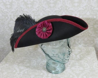 Black Pirate Hat - Classic Tricorn with Burgundy Trim and Optional Black Feathers, and/or Gold or Burgundy Cockade- 100% Wool Tricorn