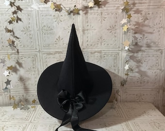 Elegant Witch Hat- Black Wool Felt Hat with Trailing Satin Bow
