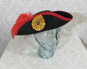 Black Pirate Hat - Classic Tricorn with Red Trim, and Optional Red Feathers, and/or Red or Gold Cockade- 100% Wool Tricorn