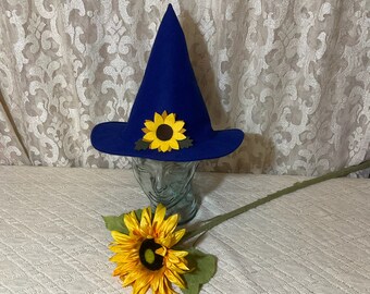 Ukrainian Support Witch Hat- Royal Blue Wool Felt Witch Hat with Sunflower- 50% donated to CARE