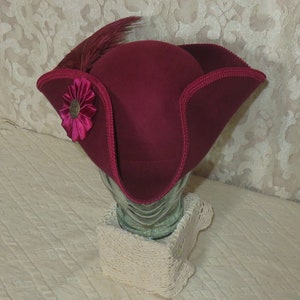 Burgundy Pirate Hat Classic Tricorn with Burgundy Trim, and Optional Cockade and/or Feathers 100% Wool Tricorn image 8