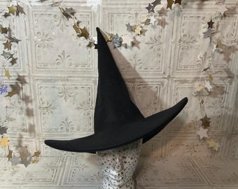 Sombrero de bruja negro dramático: sombrero de fieltro de lana negro con ala de alambre