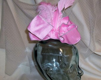 Pink Bow Fascinator- Pink Button, Bow and Feather Headband- Mini Hat