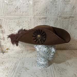 Brown Felt Pirate Hat- Classic Tricorn with Brown Trim and Optional Cockade and/or Brown Feathers- 100% Wool Tricorn
