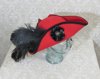 Red Pirate Hat- Classic Tricorn with Black Trim and Optional Cockade and/or Feathers- 100% Wool Tricorn