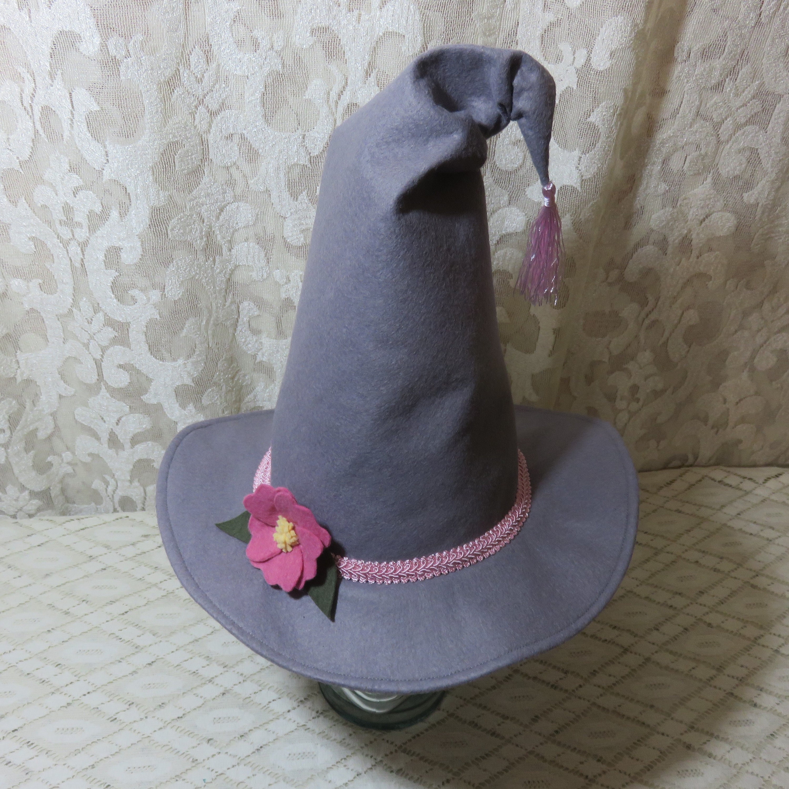 Gray and Pink Witch Hat Gray Wool Felt Witch Hat with Pink Etsy
