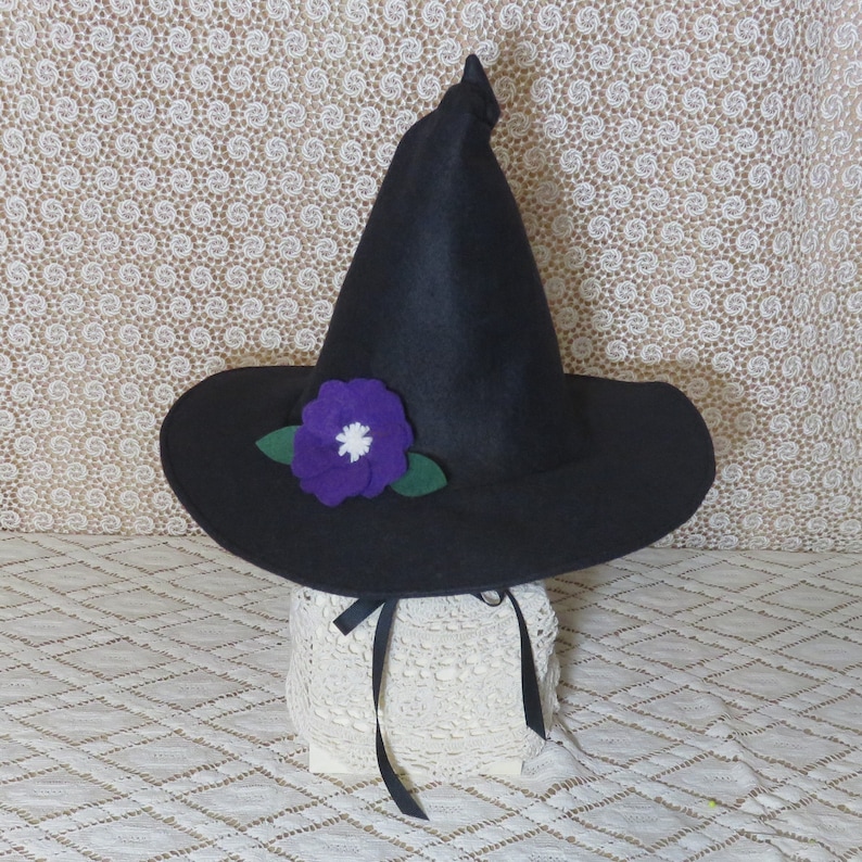 Child's Black Witch Hat Felt Witch Hat with Chin Ties image 9