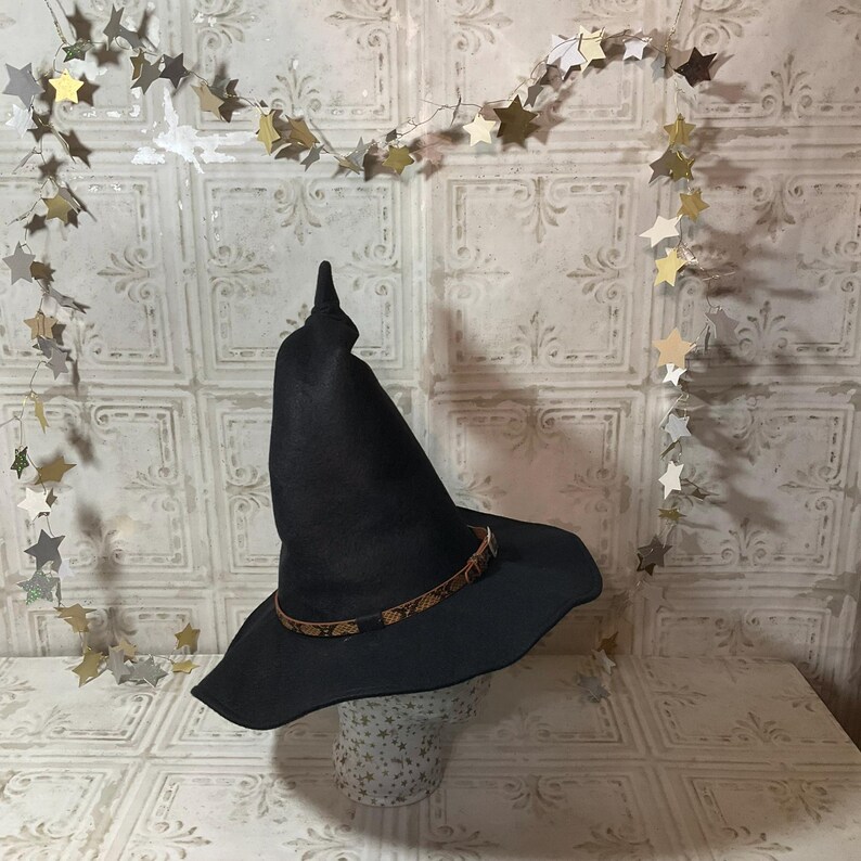 Black Wizard/Witch Hat with Hatband and Crooked Top- Elf, Goblin, Ren Faire Hat image 3