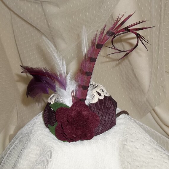 Burgundy Feather & White Lace Fascinator Headpiece Rose Gold and Ivory Kentucky Derby Hat Clip | Wedding Hair  main image 4