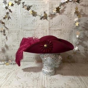 Garnet Red Pirate Hat- Classic Tricorn with Garnet Trim, and Optional Cockade and/or Feathers- 100% Wool Tricorn