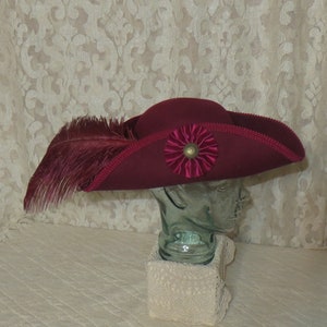 Burgundy Pirate Hat Classic Tricorn with Burgundy Trim, and Optional Cockade and/or Feathers 100% Wool Tricorn #5 1Feathers/Cockade