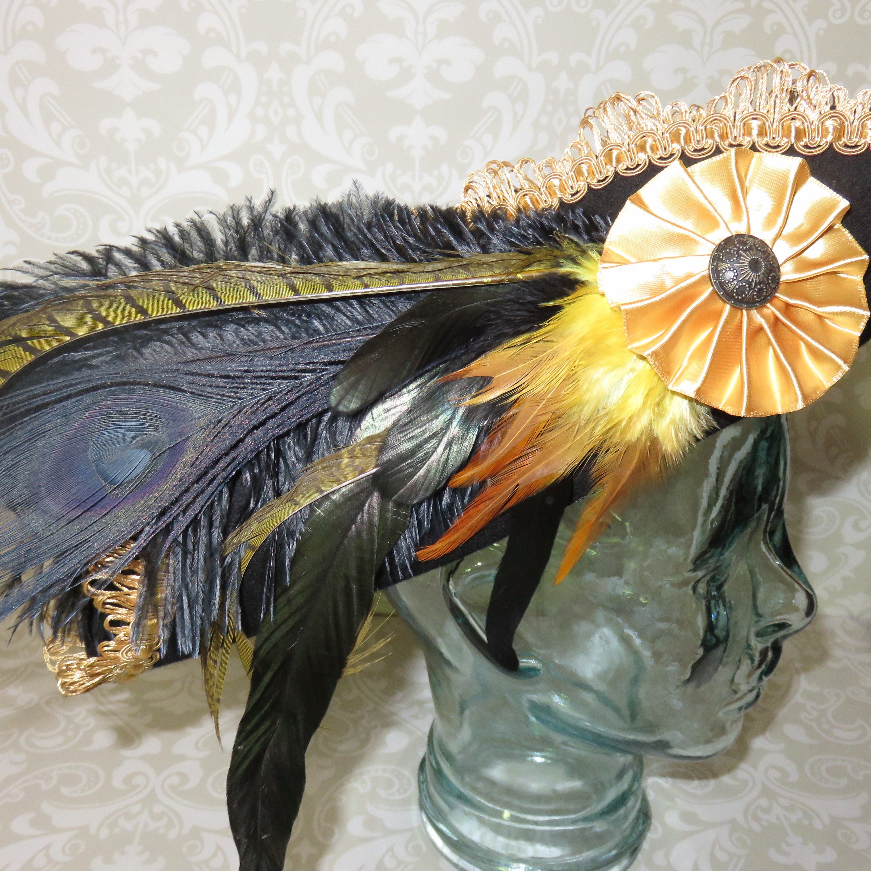 Handmade Pirate Hat Tricorn Black Wool Felt Lace Feathers Gold Tone & Faux Pearl Tricorn Hat 22 main image 3