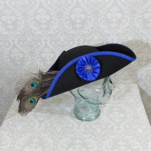 Black Felt Pirate Hat- Classic Tricorn with Blue Trim and Optional Cockade and/or Ostrich or Peacock Feathers- 100% Wool Tricorn