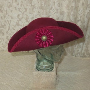 Burgundy Pirate Hat Classic Tricorn with Burgundy Trim, and Optional Cockade and/or Feathers 100% Wool Tricorn #3 Cockade