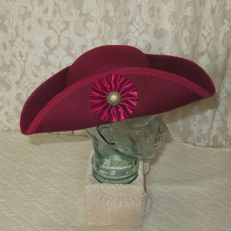 Burgundy Pirate Hat Classic Tricorn with Burgundy Trim, and Optional Cockade and/or Feathers 100% Wool Tricorn #3 Cockade