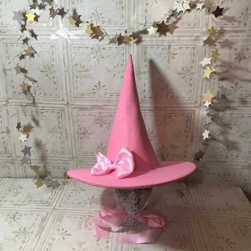 Light Pink Practical Witch Hat- Pink Wool Felt Hat with Satin Ribbon Ties and Optional Bow