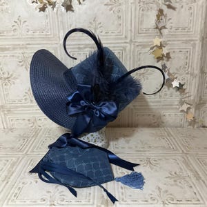 Navy Blue Stovepipe Bonnet and Reticule- Regency, Georgian, Jane Austen Era Bonnet and Purse
