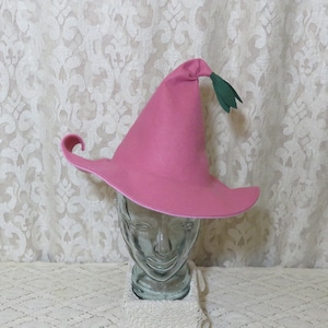 Pink Flower Fairy Witch Hat- Rose Pink Wool Felt Hat with Curled Petal Brim and Leafy Tassel