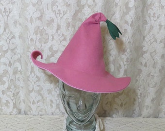 Pink Flower Fairy Witch Hat- Rose Pink Wool Felt Hat with Curled Petal Brim and Leafy Tassel