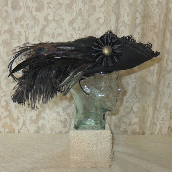 Black Pirate Hat- Fancy Black Wool Tricorn with Black Trim, Ostrich, Rooster and Peacock Feathers- 100% Wool Tricorn