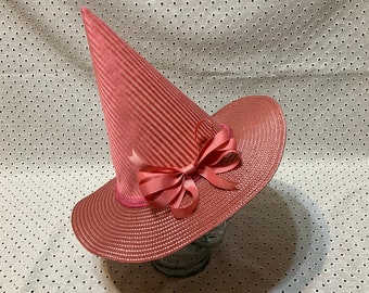 Pink Brocade and Straw Witch Hat- Salmon Stripe with Raspberry Brim and Short Cone