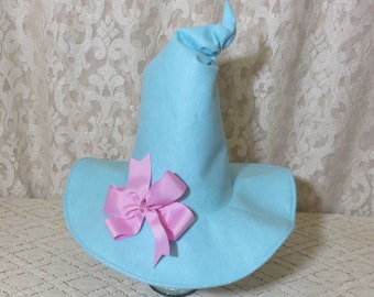 Cherry Blossom Witch Hat- Aqua Blue Felt Witch Hat with Floral Branch or Bow Decoration